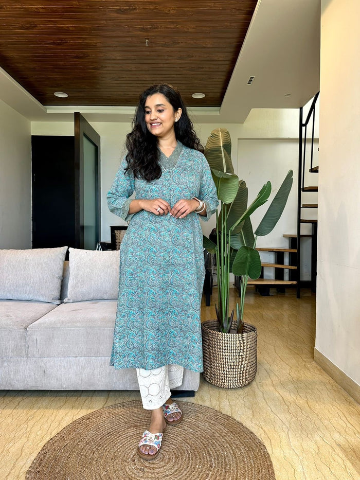 Fancy V-Neck Cotton Kurti- Pastel Green