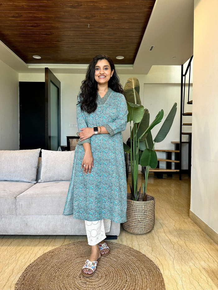 Fancy V-Neck Cotton Kurti- Pastel Green