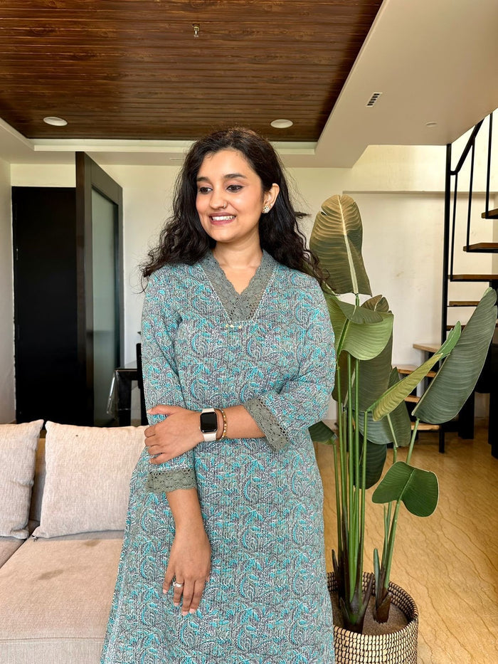 Fancy V-Neck Cotton Kurti- Pastel Green