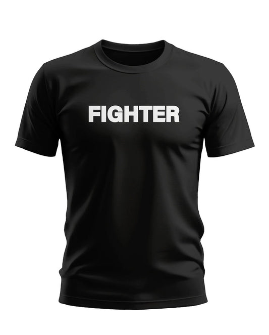 Black men's t-shirt with bold white FIGHTER text, short sleeves, crew neck