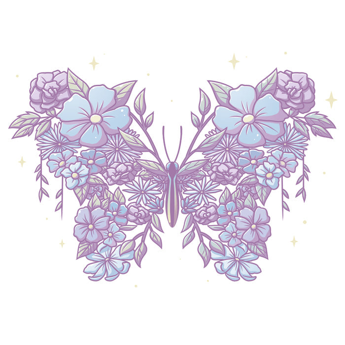 Premium Cotton T-shirt_TeeTurtle white Floral Butterfly apparel featuring an illustration of a butterfly made from lavender and light blue flowers and leaves.