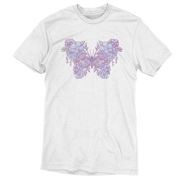 Premium Cotton T-shirt_TeeTurtle white Floral Butterfly apparel featuring an illustration of a butterfly made from lavender and light blue flowers and leaves.