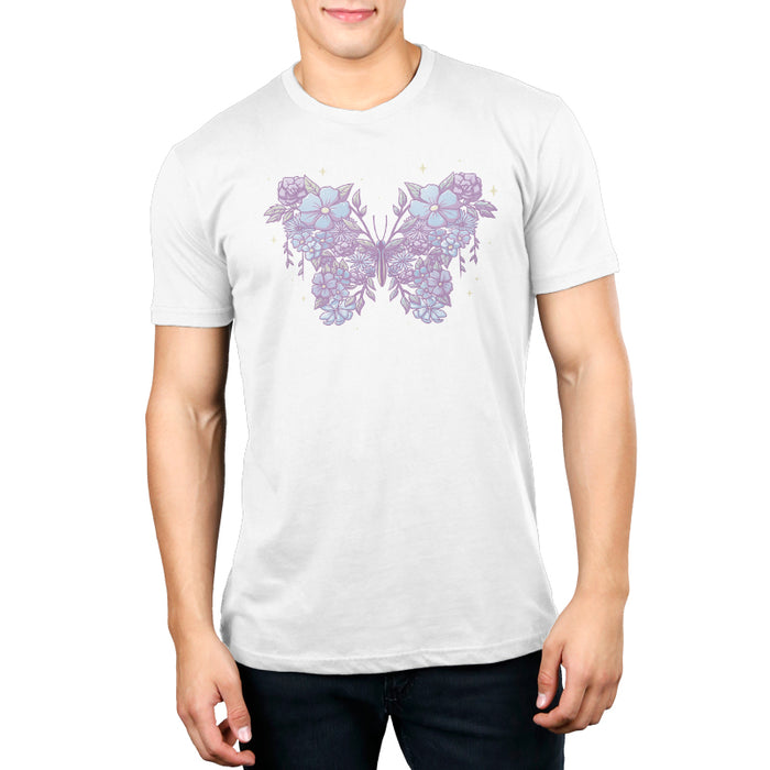 Premium Cotton T-shirt_TeeTurtle white Floral Butterfly apparel featuring an illustration of a butterfly made from lavender and light blue flowers and leaves.