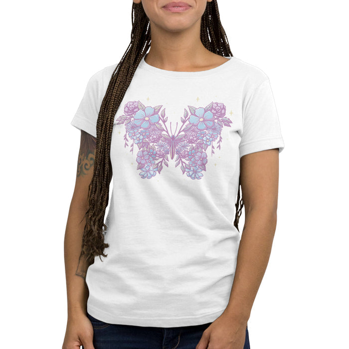 Premium Cotton T-shirt_TeeTurtle white Floral Butterfly apparel featuring an illustration of a butterfly made from lavender and light blue flowers and leaves.