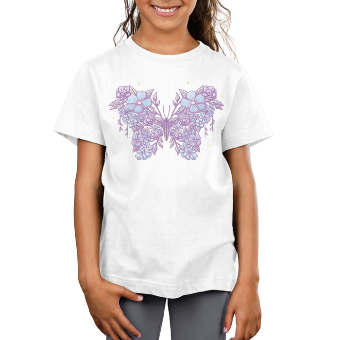 Premium Cotton T-shirt_TeeTurtle white Floral Butterfly apparel featuring an illustration of a butterfly made from lavender and light blue flowers and leaves.