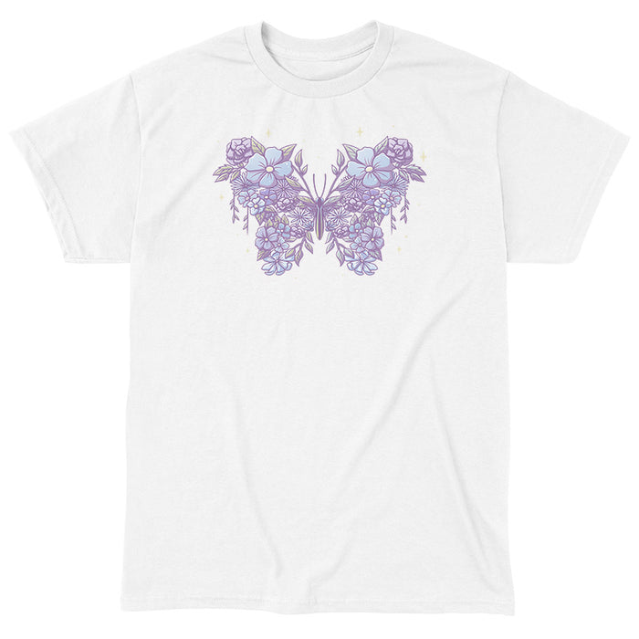 Classic Cotton T-shirt_TeeTurtle white Floral Butterfly apparel featuring an illustration of a butterfly made from lavender and light blue flowers and leaves.