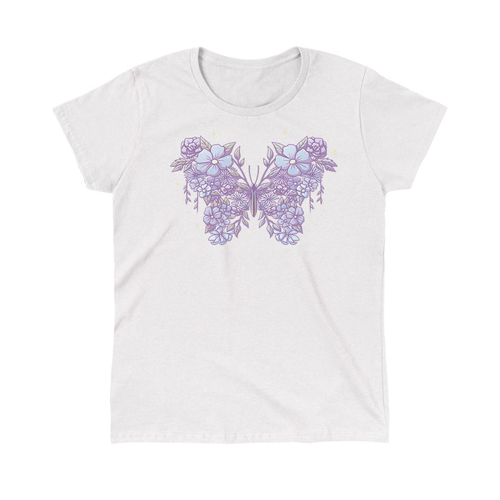 Classic Cotton T-shirt_TeeTurtle white Floral Butterfly apparel featuring an illustration of a butterfly made from lavender and light blue flowers and leaves.