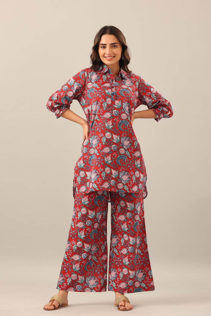 Floral Garden on Maroon Collared Cotton Smoked Sleeves Palazzo Loungewear Set