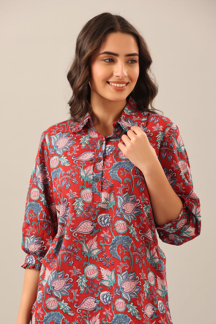 Floral Garden on Maroon Collared Cotton Smoked Sleeves Palazzo Loungewear Set