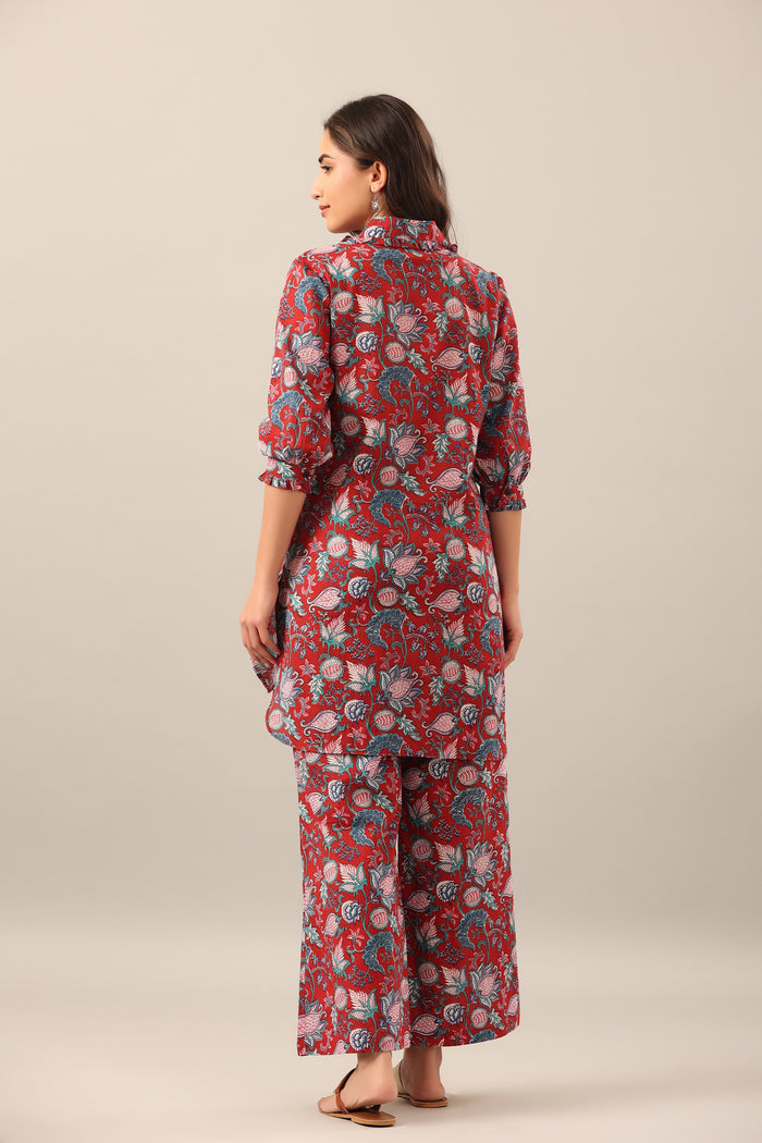 Floral Garden on Maroon Collared Cotton Smoked Sleeves Palazzo Loungewear Set