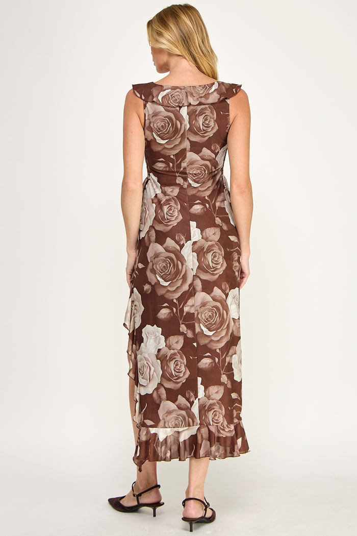Floral Tiered Ruffle Midi Dress With Side Lace Up - SALE