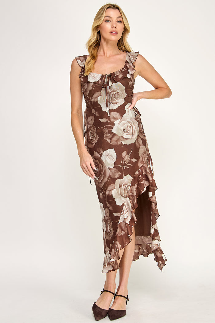 Floral Tiered Ruffle Midi Dress With Side Lace Up - SALE