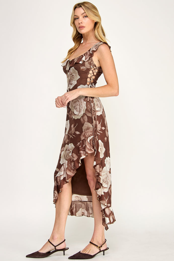 Floral Tiered Ruffle Midi Dress With Side Lace Up - SALE