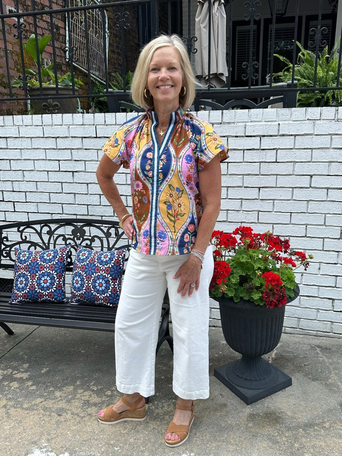 Floral Top w/ Striped Placket