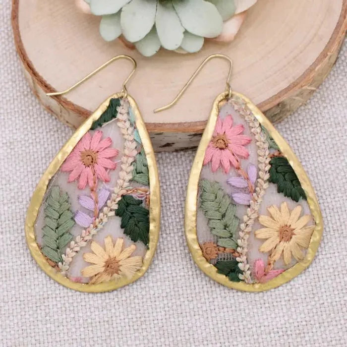 Floral Vines Embroidered Gold Teardrop Earrings