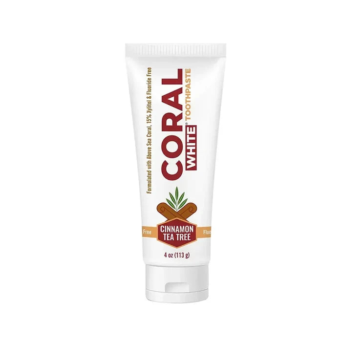 Coral White Toothpaste in Cinnamon Tea Tree flavor, fluoride-free formula with 15% xylitol and above sea coral for natural oral care.