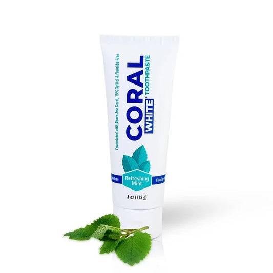 Coral White Fluoride-Free Toothpaste Refreshing Mint flavor with Above Sea Coral and 15% Xylitol, natural whitening and enamel-friendly oral care.