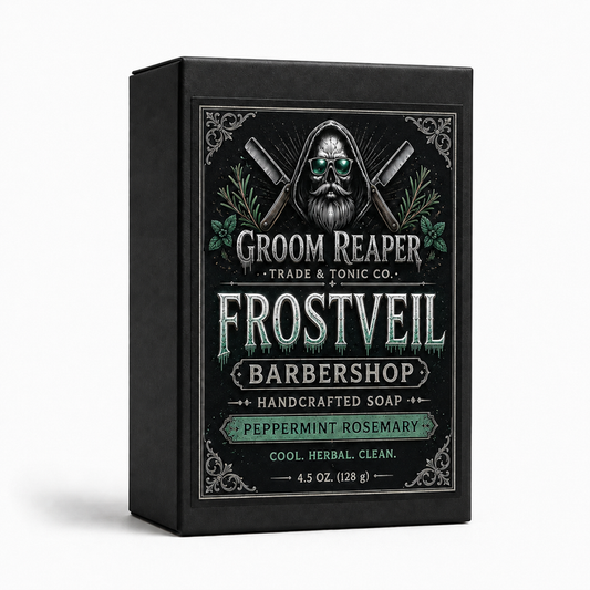"Frostveil Barbershop Handcrafted Soap by Groom Reaper, Peppermint Rosemary scent, 4.5 oz cold-pressed bar"