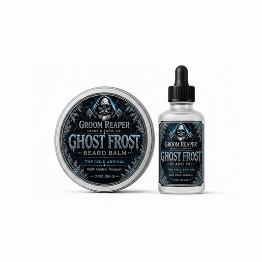 Groom Reaper Ghost Frost Beard Oil & Balm 2-Piece Set – The Cold Ritual – the cold arrival – vanilla mint scent – 1 oz beard oil and 2 oz beard balm – small-batch beard care bundle for men