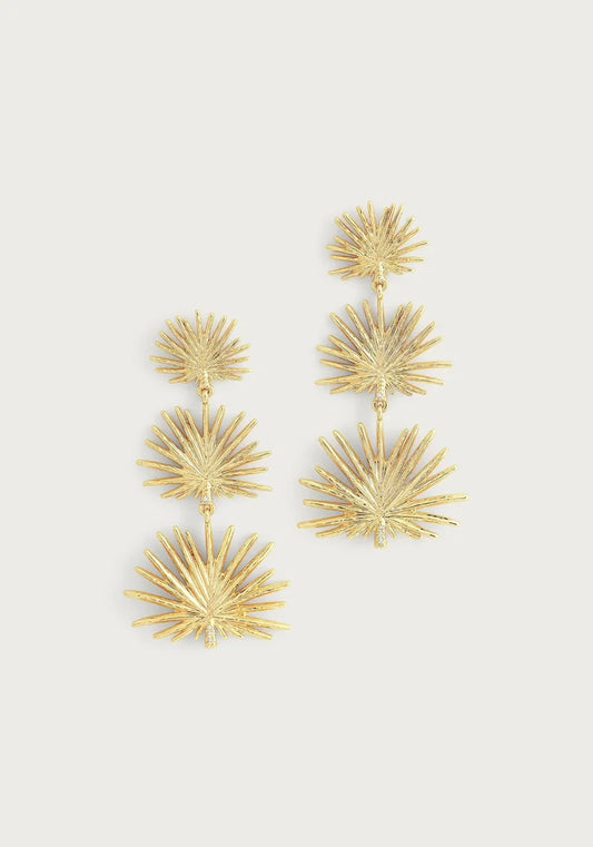 Small Triple fan palm dangle earrings by Anabel Aram featuring three gold‑tone, hand‑sculpted fan leaves with crystal‑adorned stems.