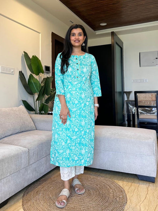 Gota Cotton Kurta- Bluish Jaal