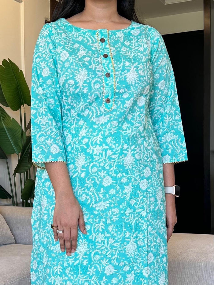 Gota Cotton Kurta- Bluish Jaal