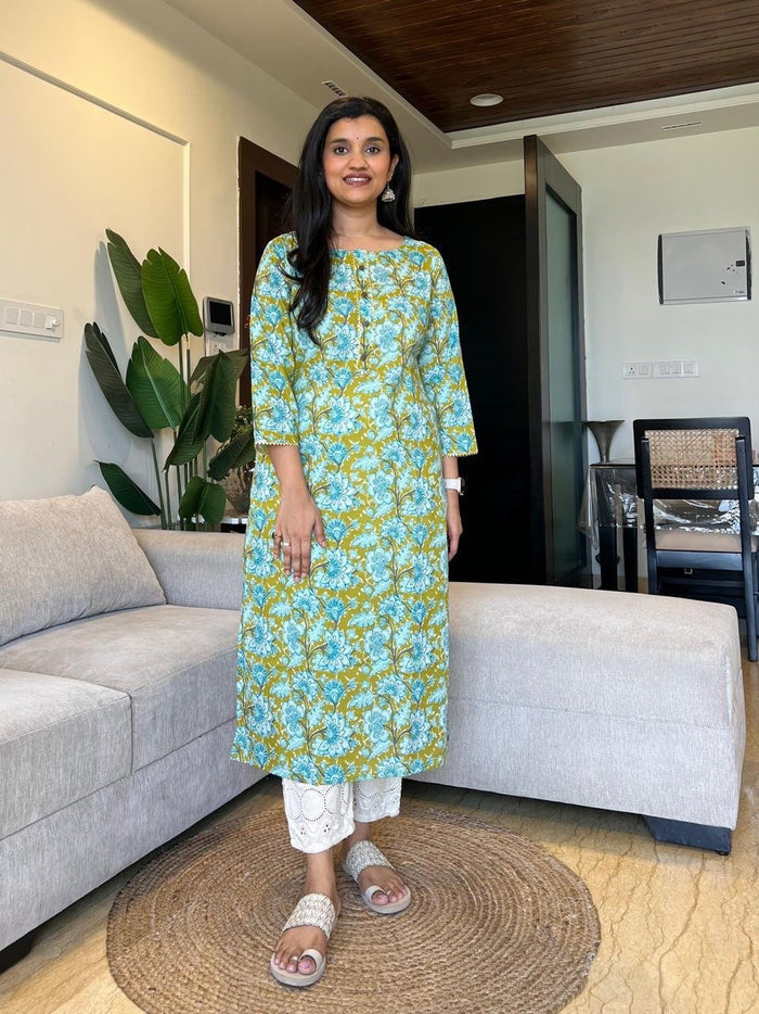 Gota Cotton Kurta- Green Blue Floral