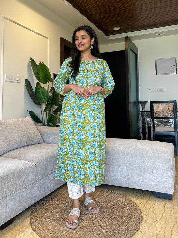 Gota Cotton Kurta- Green Blue Floral