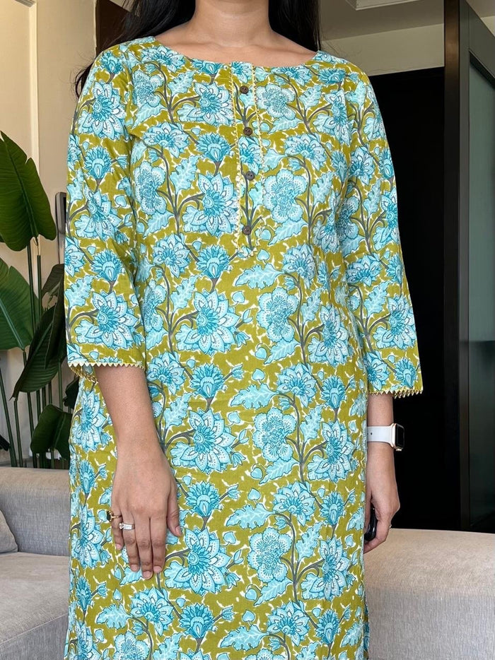 Gota Cotton Kurta- Green Blue Floral