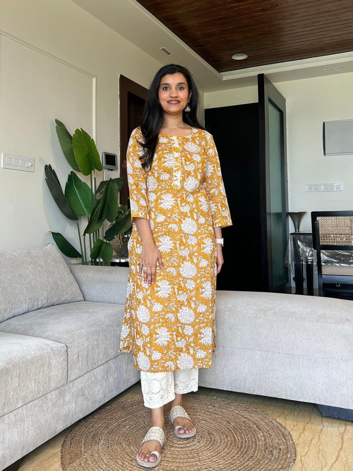 Gota Cotton Kurta- Mustard Jaal