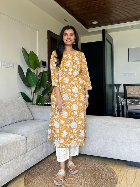 Gota Cotton Kurta- Mustard Jaal