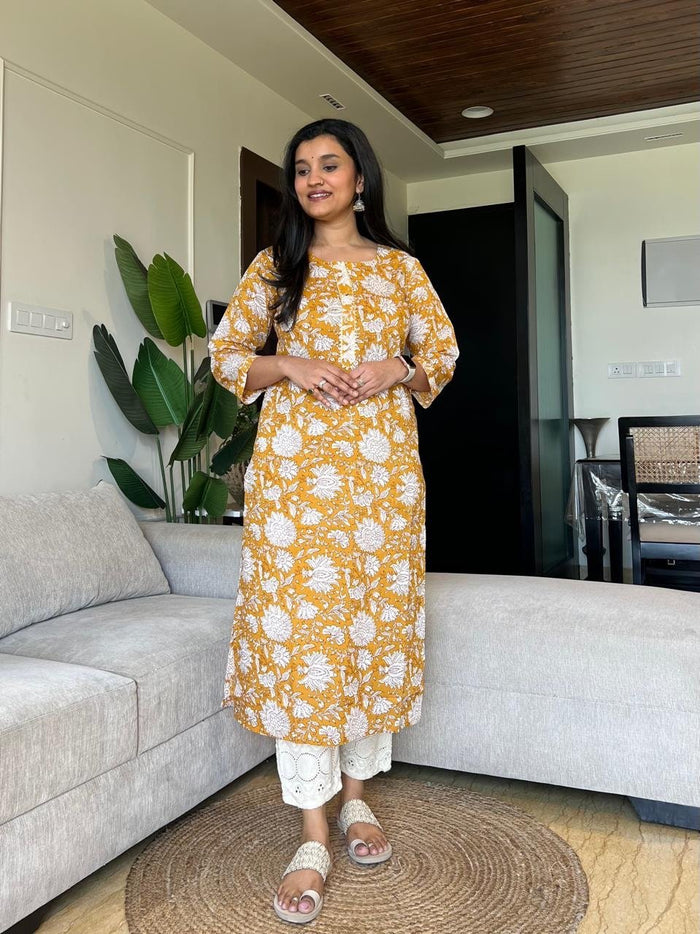 Gota Cotton Kurta- Mustard Jaal