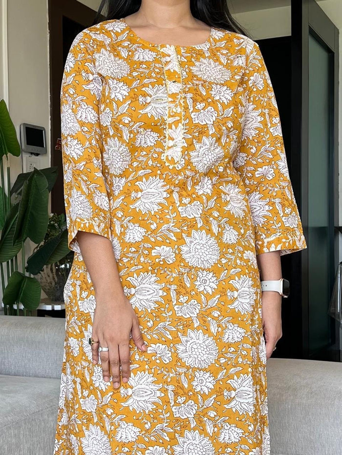 Gota Cotton Kurta- Mustard Jaal