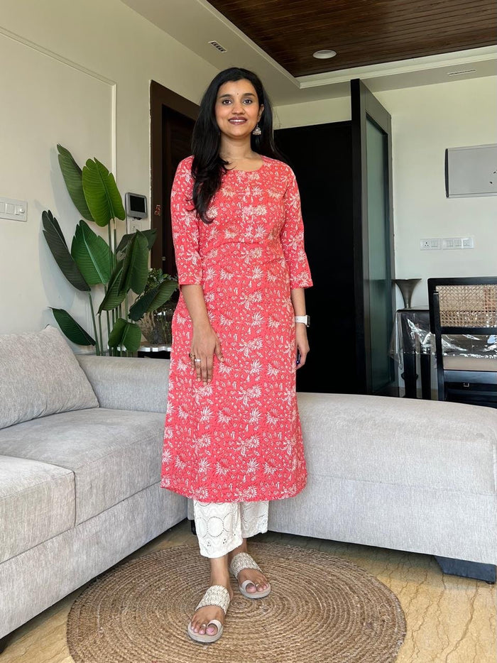 Gota Cotton Kurta- Neon Peach