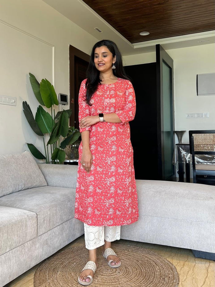 Gota Cotton Kurta- Neon Peach