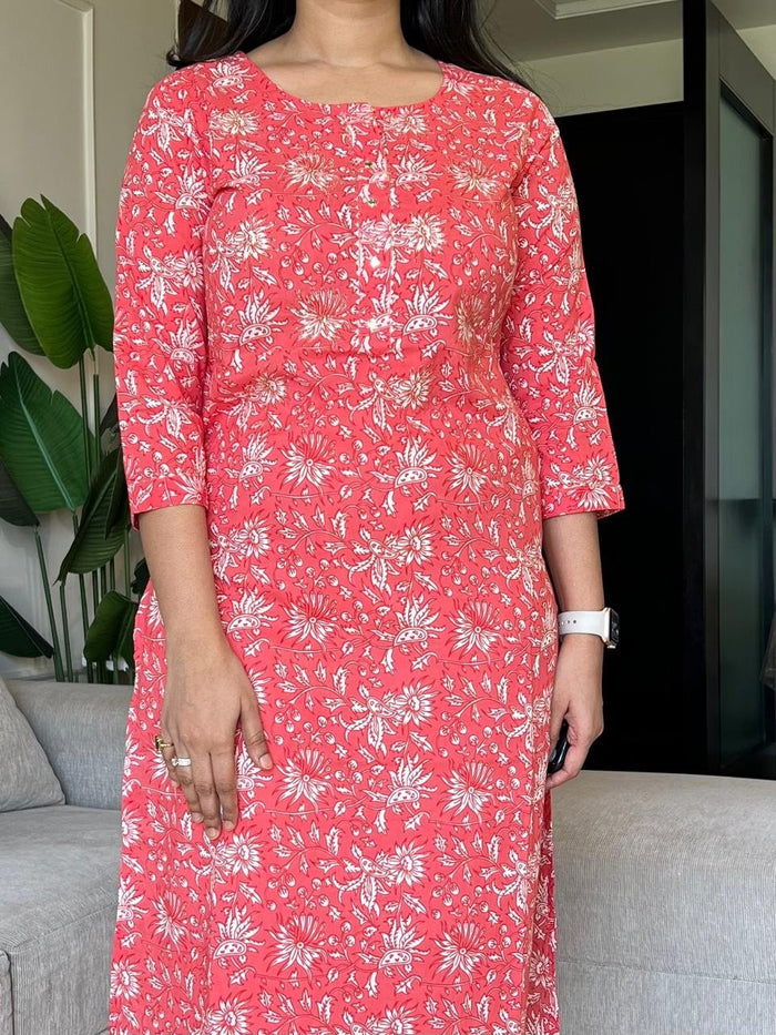 Gota Cotton Kurta- Neon Peach