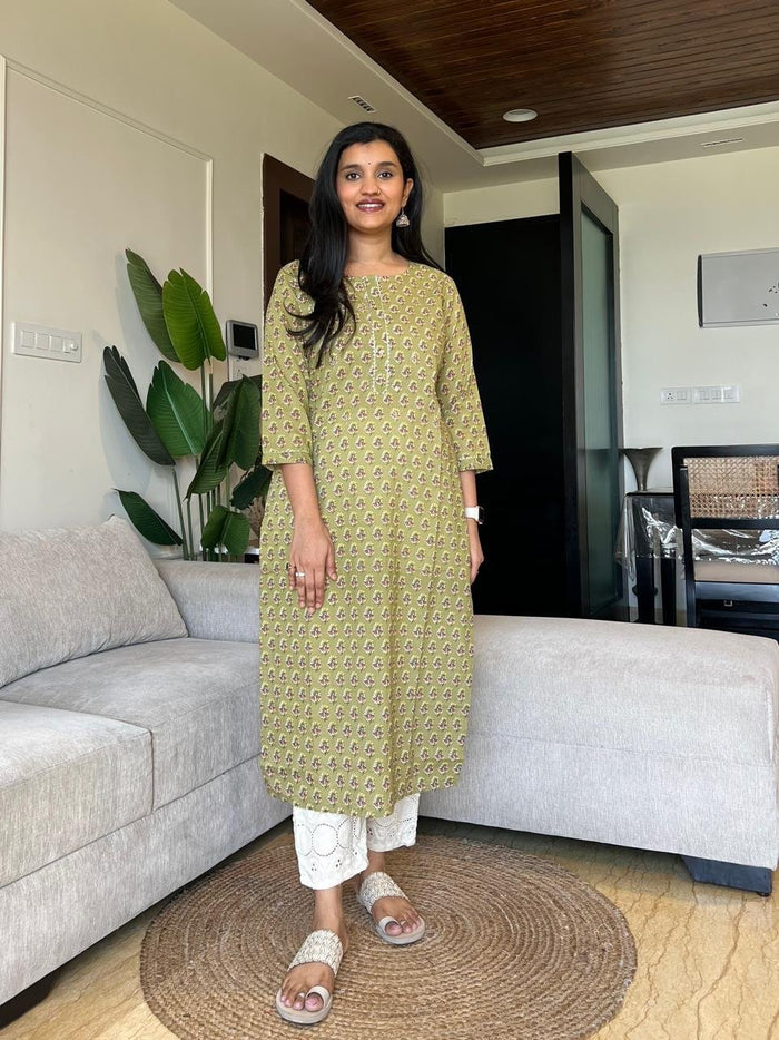 Gota Cotton Kurta- Olive Booti