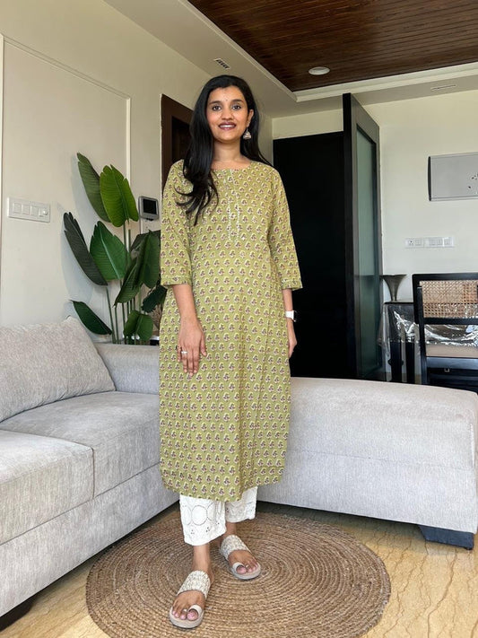 Gota Cotton Kurta- Olive Booti
