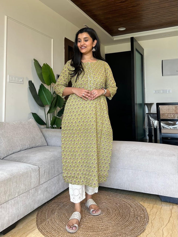 Gota Cotton Kurta- Olive Booti
