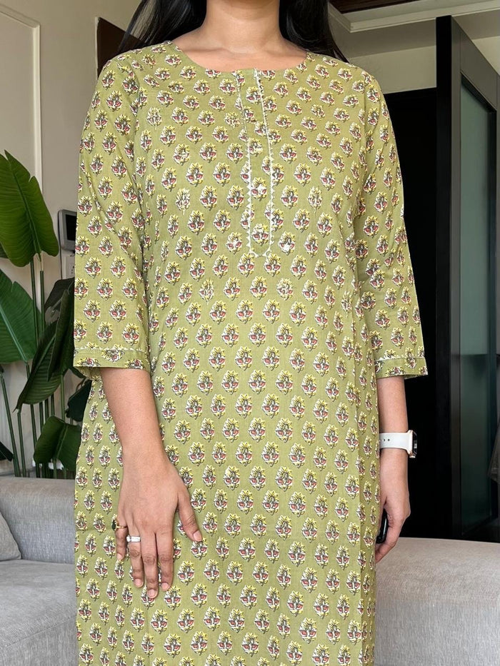 Gota Cotton Kurta- Olive Booti