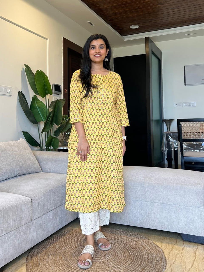 Gota Cotton Kurta- Pastel Yellow Booti