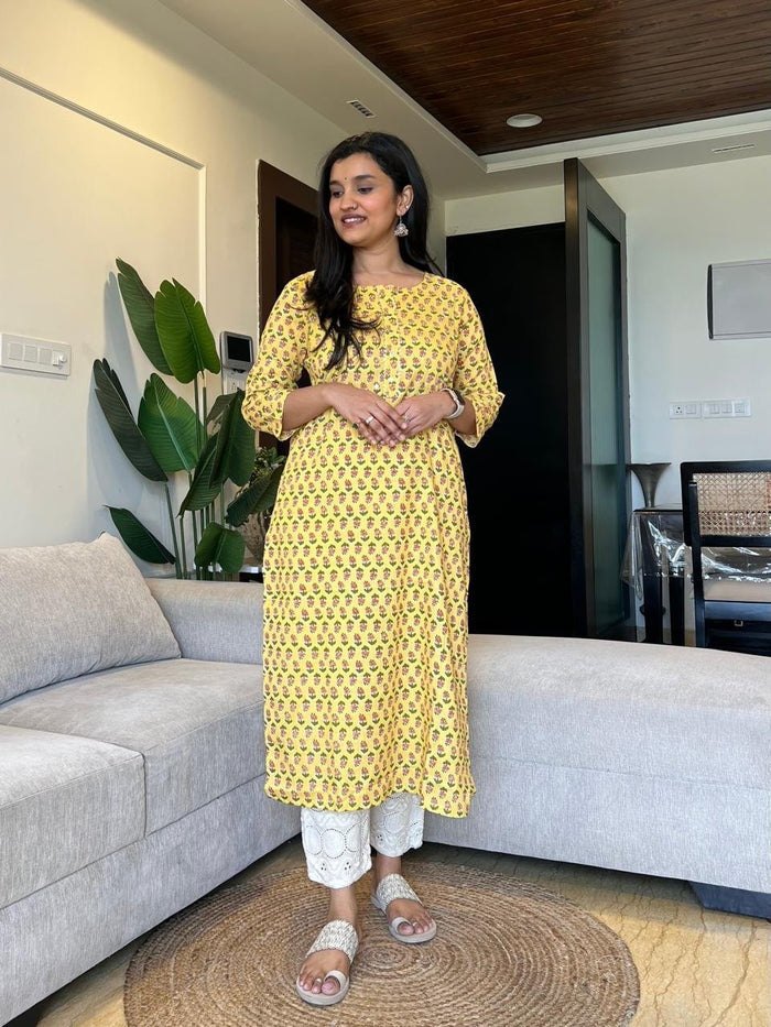 Gota Cotton Kurta- Pastel Yellow Booti
