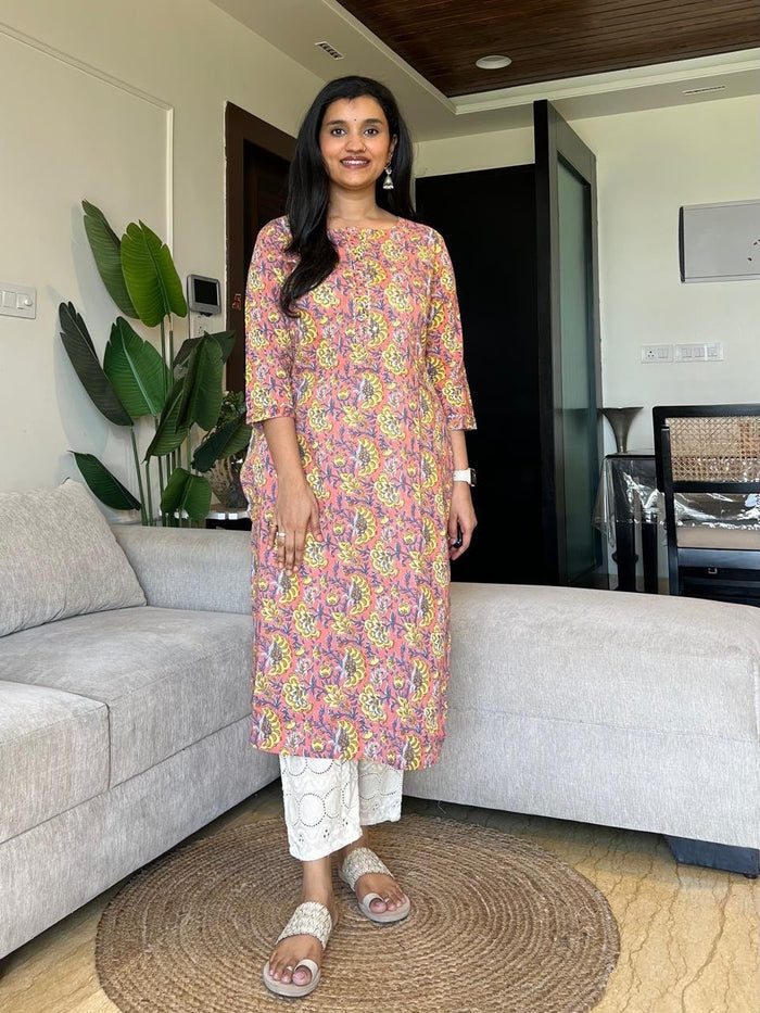 Gota Cotton Kurta- Pink Jaal