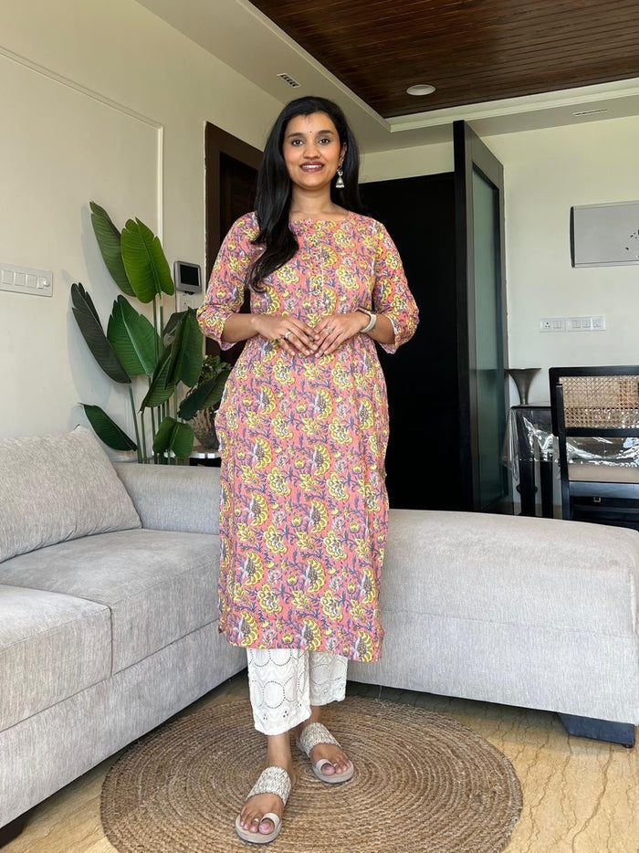 Gota Cotton Kurta- Pink Jaal