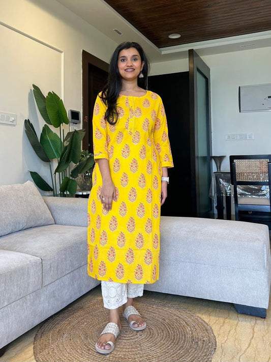 Gota Cotton Kurta- Yellow Boota