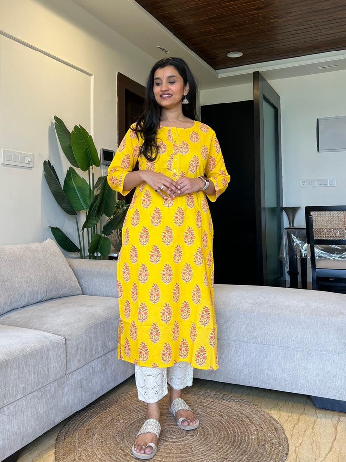Gota Cotton Kurta- Yellow Boota