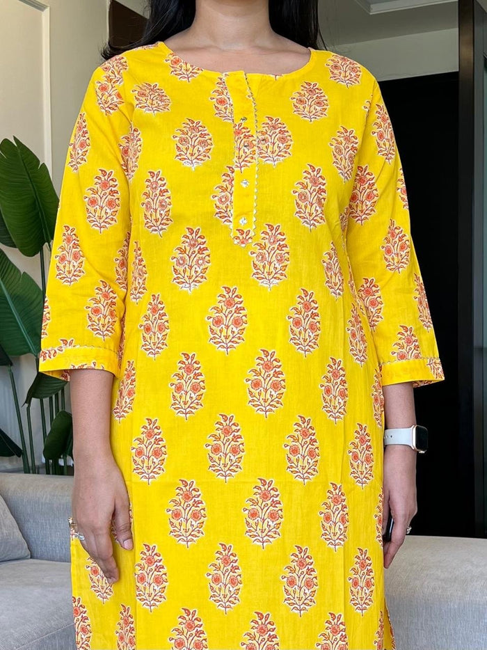 Gota Cotton Kurta- Yellow Boota