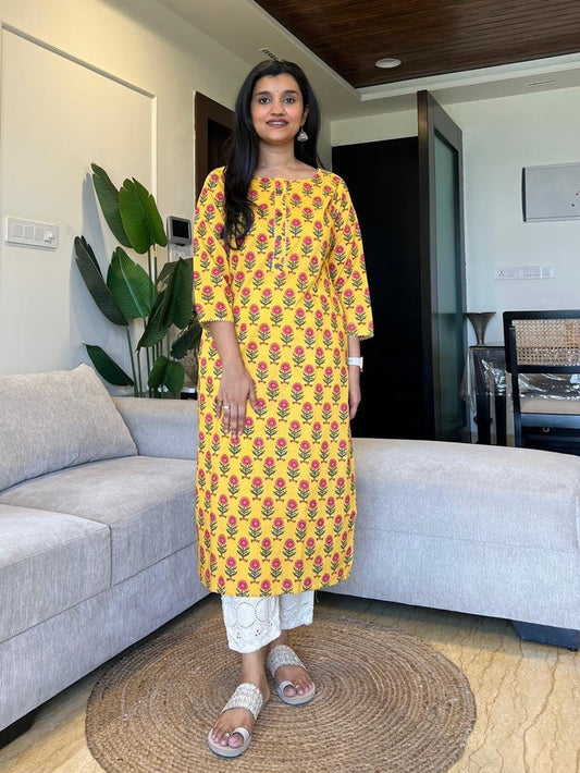 Gota Cotton Kurta- Yellow Phool