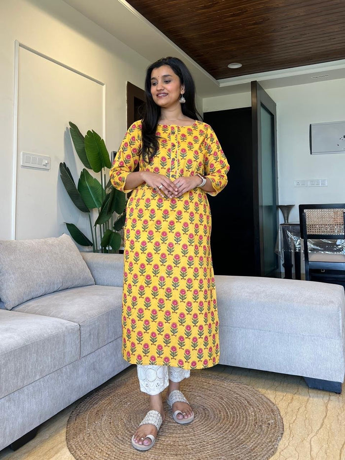 Gota Cotton Kurta- Yellow Phool