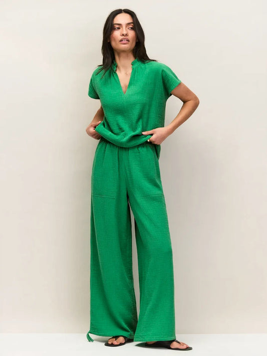 Green Cheesecloth Drawstring Cuff Trousers